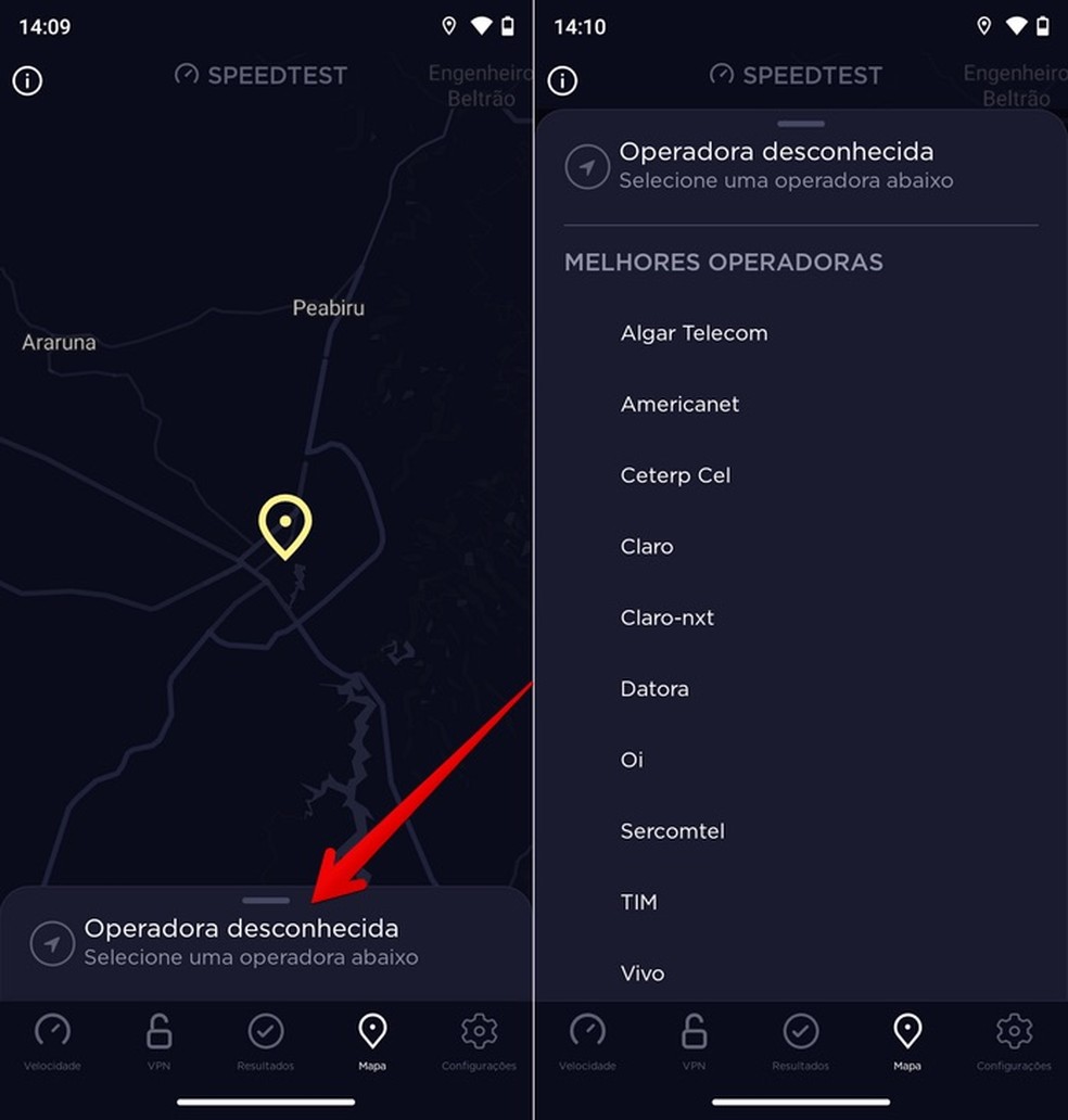 Selecione a sua operadora — Foto: Reprodução/Helito Beggiora