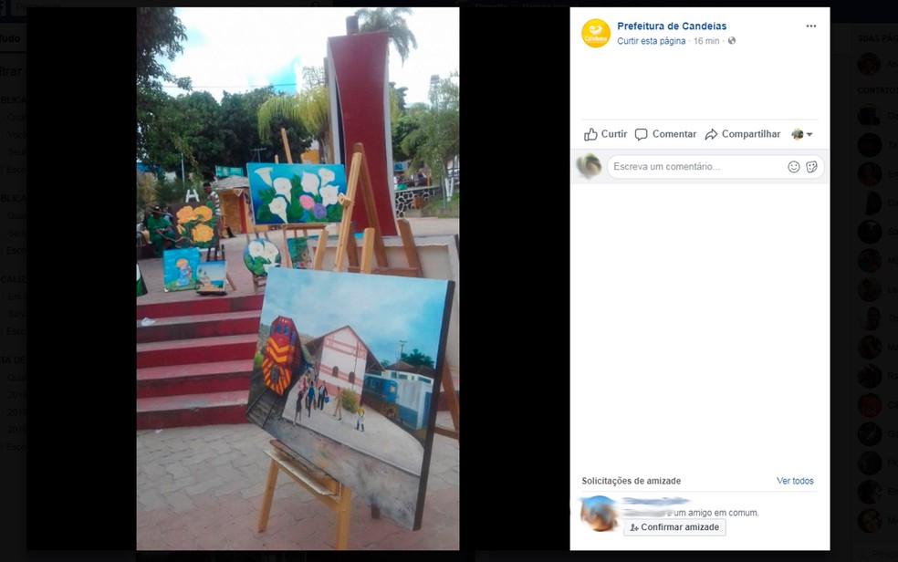 Prefeitura de Candeias divulgou fotos da exposição de quadros que o artista fez sobre a cidade (Foto: Reprodução/Facebook)