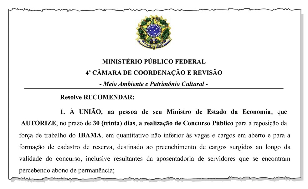 RecomendaÃ§Ã£o do MPF pede que Paulo Guedes autorize concurso para o Ibama. â€” Foto: MPF/ReproduÃ§Ã£o