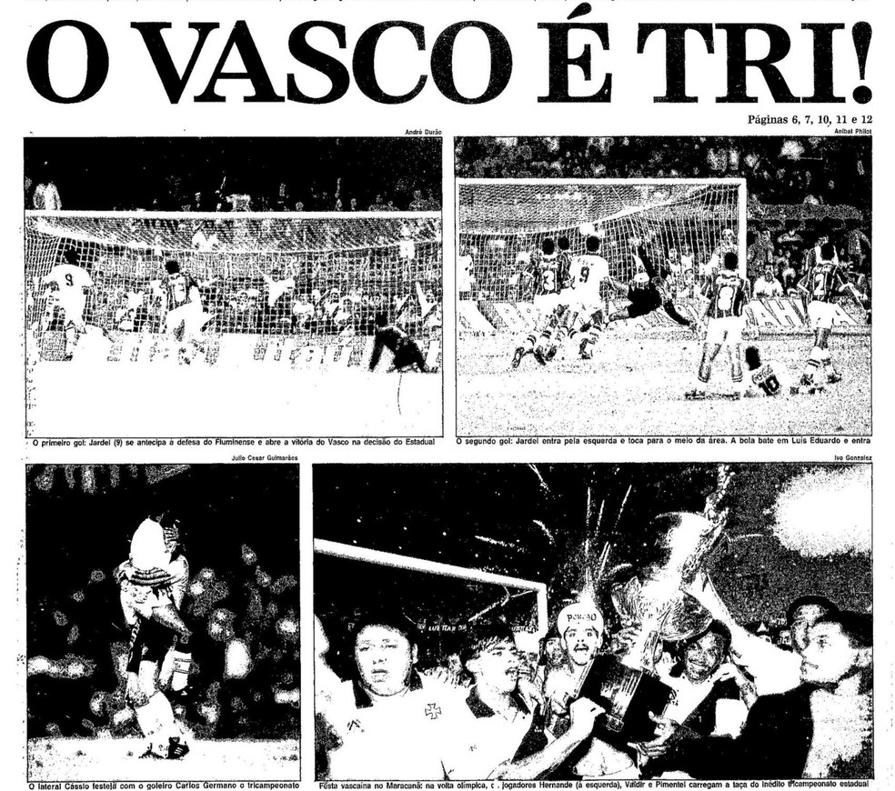 Na última foto da capa do caderno de esportes de "O Globo", Pimentel levanta a taça do tri do Vasco — Foto: Reprodução/Acervo O Globo