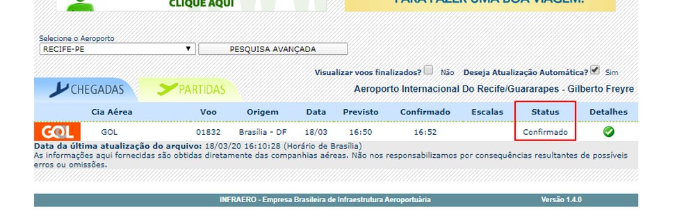 Site da Infraero mostra status atual de todos os voos nacionais — Foto: Reprodução/Rodrigo Fernandes