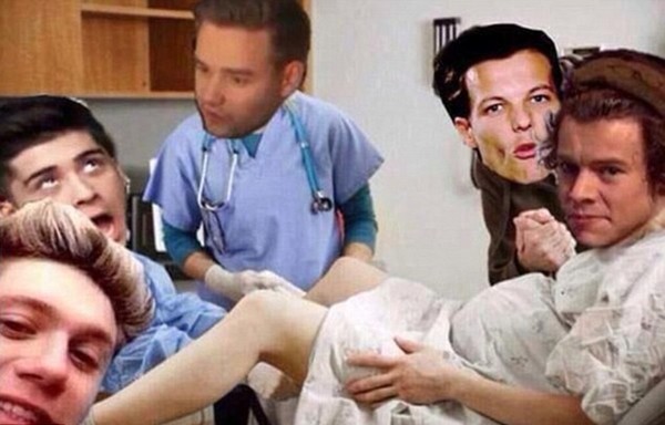 Montagem mostra integrantes da banda fazem parto do filho de Harry e Louis (Foto: Twitter)