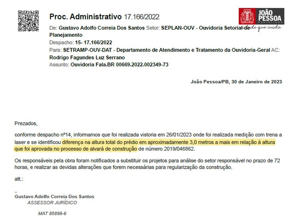 Documento da Prefeitura de Jo&atilde;o Pessoa anexado &agrave; den&uacute;ncia atestaria a irregularidade &mdash; Foto: Seplan-JP/Reprodu&ccedil;&atilde;o