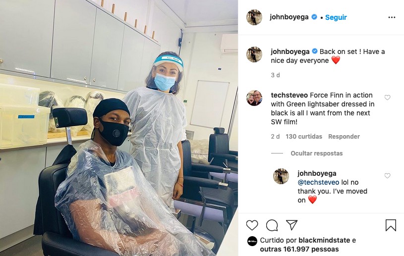 A responsta dada pelo ator John Boyega a um fã que pediu em seu Instagram pelo retorno dele ao personagem Finn da franquia Star Wars (Foto: Instagram)