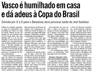 O Globo destaca vitória do Baraúnas sobre o Vasco (Foto: Reprodução/O Globo)