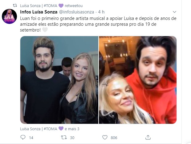 Luísa Sonza reposta mensagens de fãs sobre parceria com Luan Santana (Foto: Reprodução/Twitter)