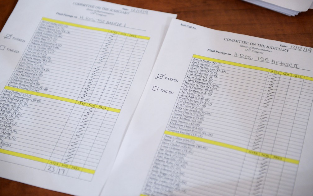Folhas com contagem de votos dos artigos de impeachment contra Donald Trump, durante sessão do Comitê Judiciário da Câmara, na sexta-feira (13) — Foto: Reuters/Erin Scott