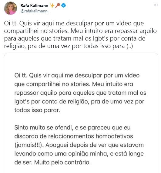 Rafa Kalimann se desculpa após postar vídeo lgbtfóbico (Foto: Reprodução / Twitter)