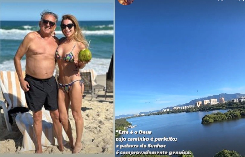 Galvão Bueno e Desirée Soares na praia e, ao lado, imagem de lagoa do Rio de Janeiro — Foto: Reprodução/Instagram