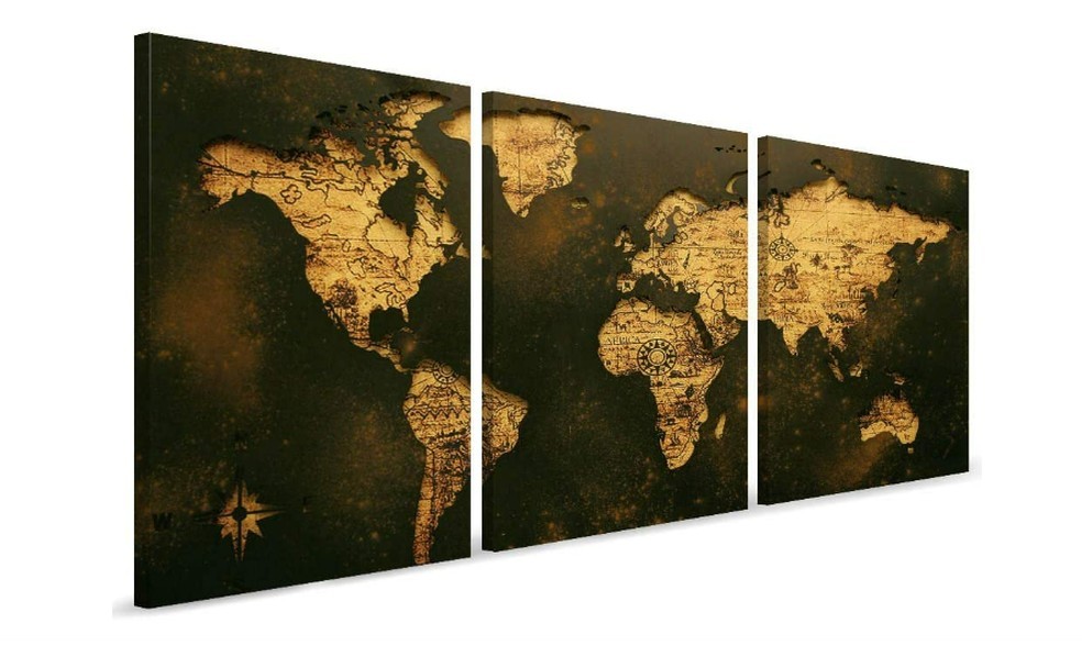 O quadro decorativo expressa a imagem do mapa mundi em três telas (Foto: Reprodução / Amazon)