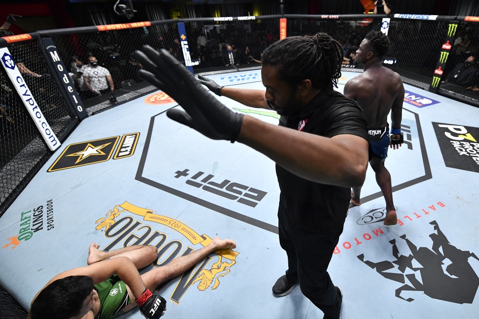 Abdul Razak Alhassan festeja o nocaute fulminante sobre Alessio Di Chirico no UFC Barboza x Chikadze — Foto: Getty Images
