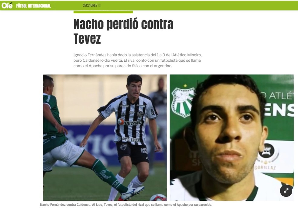 Tevez da Caldense foi destaque de jornal argentino após vitória da Veterana contra o Atlético-MG — Foto: Reprodução/"Olé"