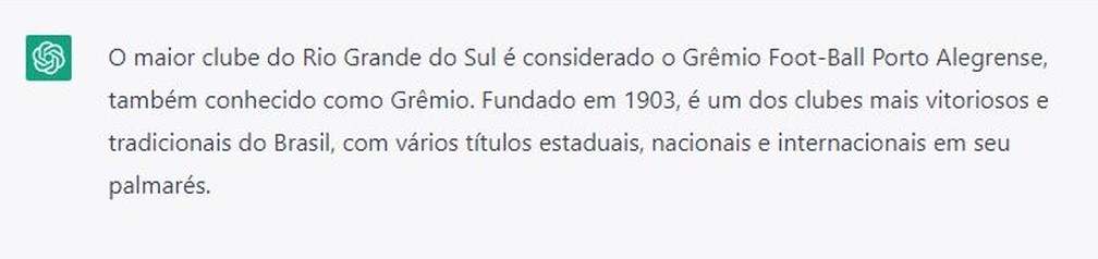 ChatGPT diz que o Grêmio é o maior clube do Rio Grande do Sul — Foto: Reprodução