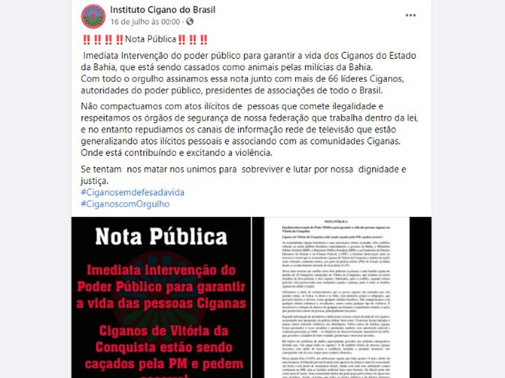 Após mortes de PMs na BA, Instituto Cigano do Brasil pede intervenção do poder público por represálias — Foto: Reprodução/Instituto Cigano do Brasil