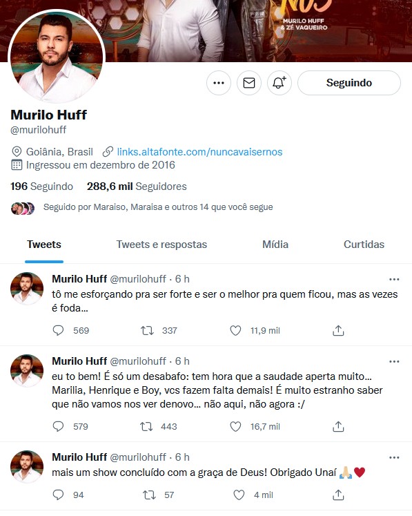 Murilo Huff fala sobre saudade no Twitter (Foto: Reprodução/Twitter)