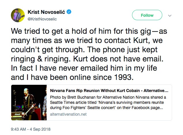 O post de Krist Novoselic fazendo piada com os fãs irritados do Nirvana (Foto: Twitter)