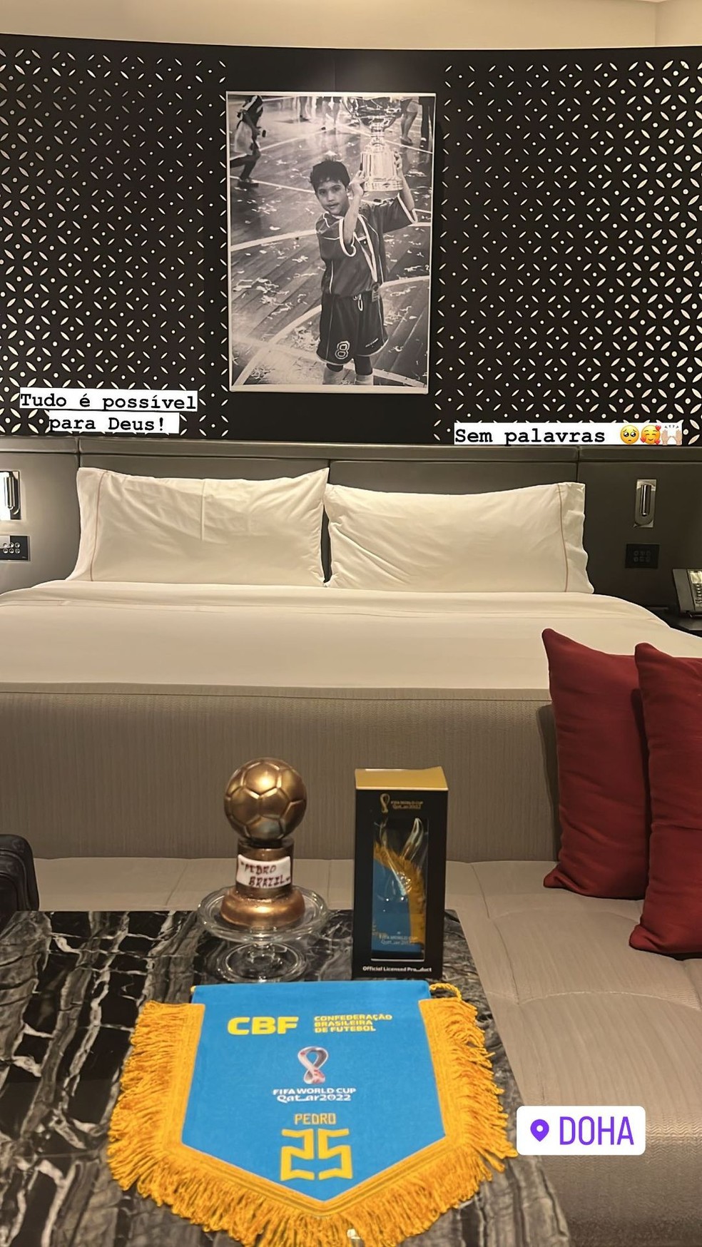 Quarto de Pedro no hotel da Seleção Brasileira na Copa do Mundo no Catar — Foto: Reprodução / Instagram