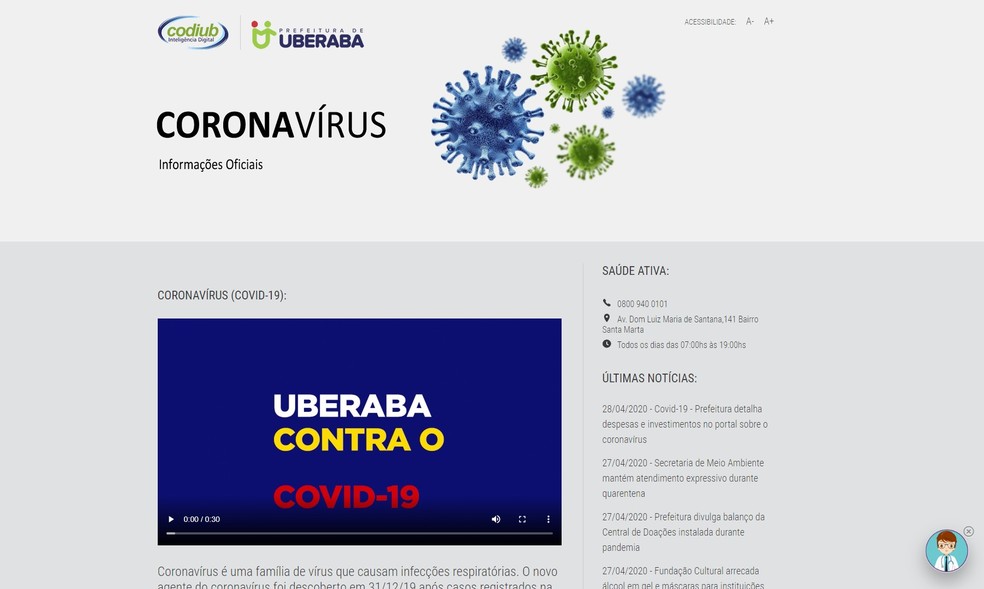 Portal sobre o coronavírus em Uberaba — Foto: Reprodução/Saúde Ativa
