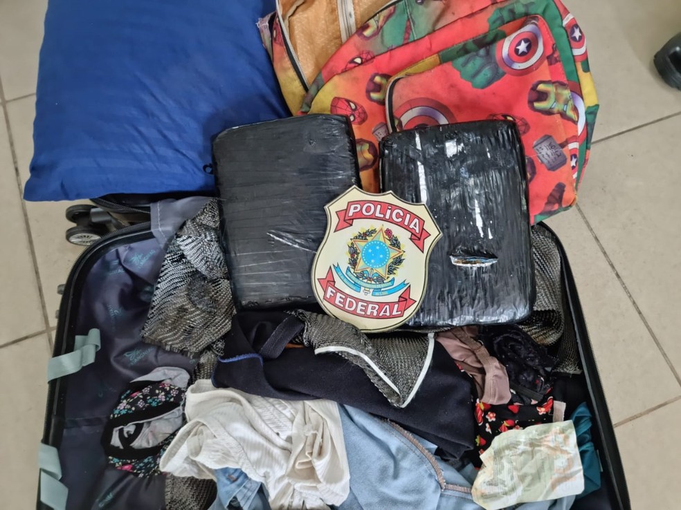 Dois tabletes de skunk foram encontrados dentro de mala de costureira no Aeroporto do Recife — Foto: Polícia Federal/Divulgação