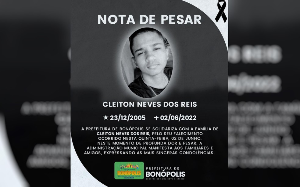 Prefeitura de Bonópolis lamenta morte de adolescente morto esfaqueado em jogo de futebol em Bonópolis, em Goiás — Foto: Reprodução/Instagram