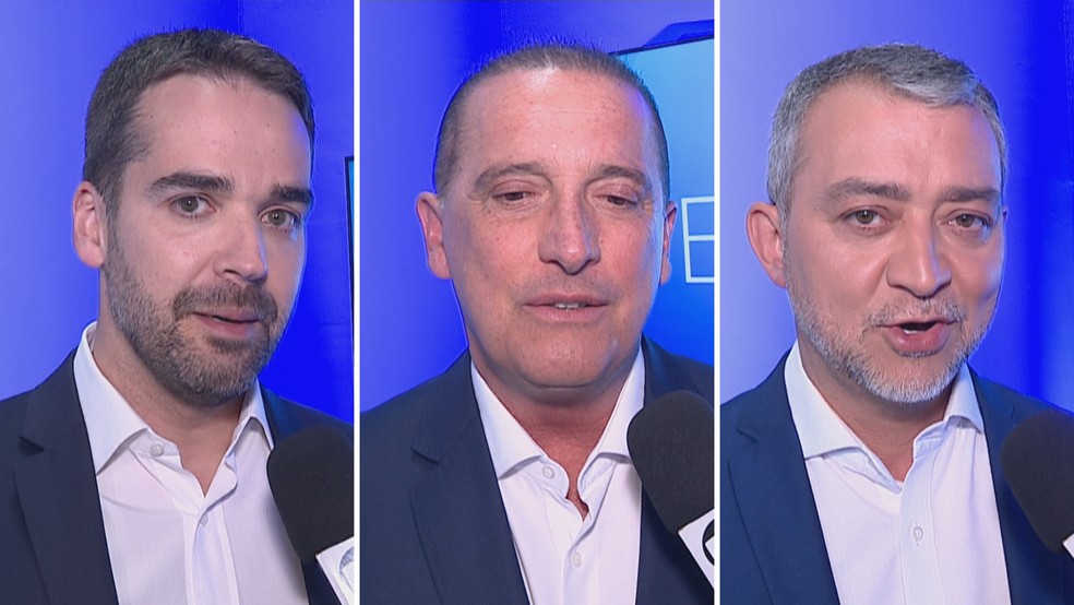 Eduardo Leite (PSDB), Onyx Lorenzoni (PL) e Edegar Pretto (PT) — Foto: Reprodução/RBS TV