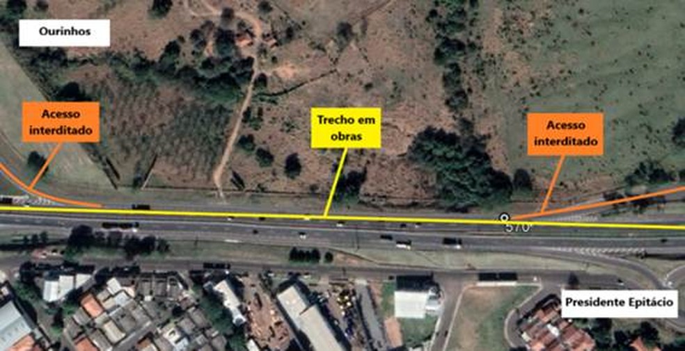 Com interferências no tráfego, trechos da Rodovia Raposo Tavares (SP-270) passam por obras em Presidente Prudente (SP) — Foto: Reprodução/Cart