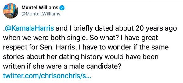 Post de Montel Williams sobre seu relacionamento com Kamala Harris (Foto: reprodução Twitter)