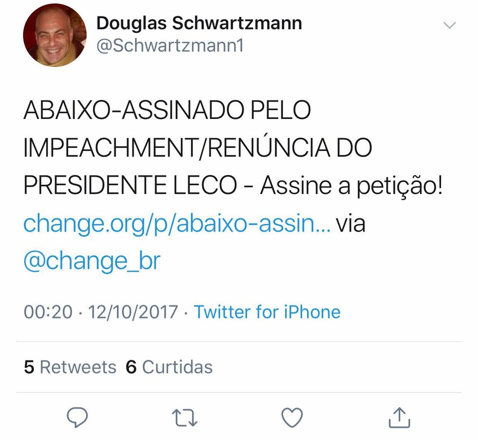 Douglas Schwartzmann cobrava saída do presidente Leco, do São Paulo — Foto: Reprodução / Twitter