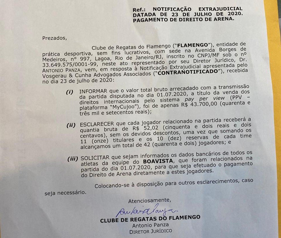 Resposta do Flamengo à notificação extrajudicial cobrando o pagamento dos direitos de arena aos jogadores do Boavista — Foto: Reprodução