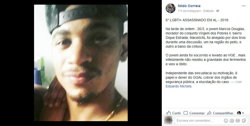 Jovem assassinado a tiros no bairro do Vergel, em Maceió, é apontado pelo GGAL como o 6º LGBTI+ morto em Alagoas em 2018 (Foto: Reprodução/Facebook)