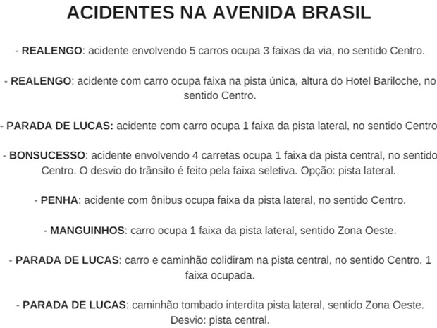 Centro de Operações do Rio fez lista para informar locais de acidentes na via nesta manhã (Foto: Reprodução / Facebook)