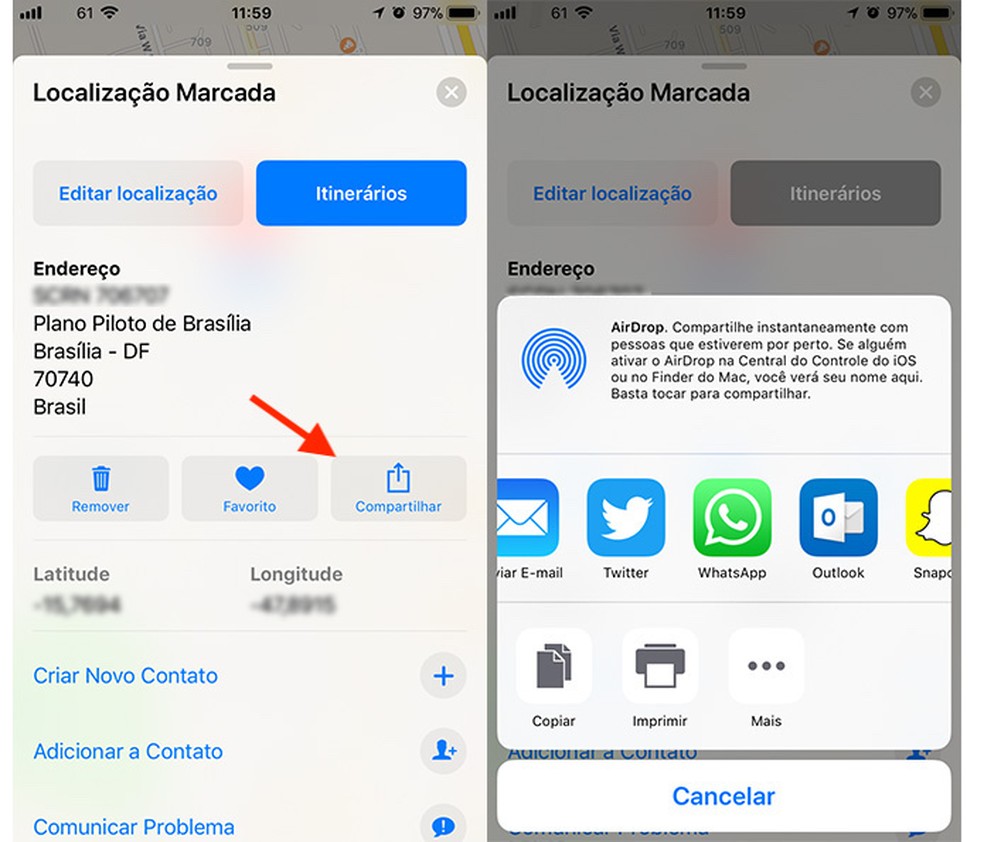 Opções de compartilhamento para uma localização no Apple Maps (Foto: Reprodução/Marvin Costa)