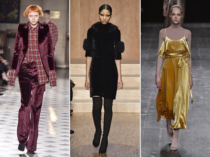 Veludo (Vetements, Givenchy, Valentino) - O tecido apareceu tanto em sua versão clássica quanto na “molhada”, em saias, casacos, pantalonas, blusas e vestidos estonteantes