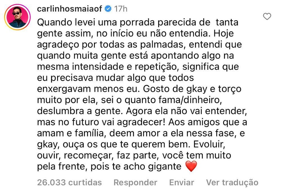 Carlinhos Maia presta apoio a Gkay após polêmica com Porchat — Foto: Reprodução/Instagram