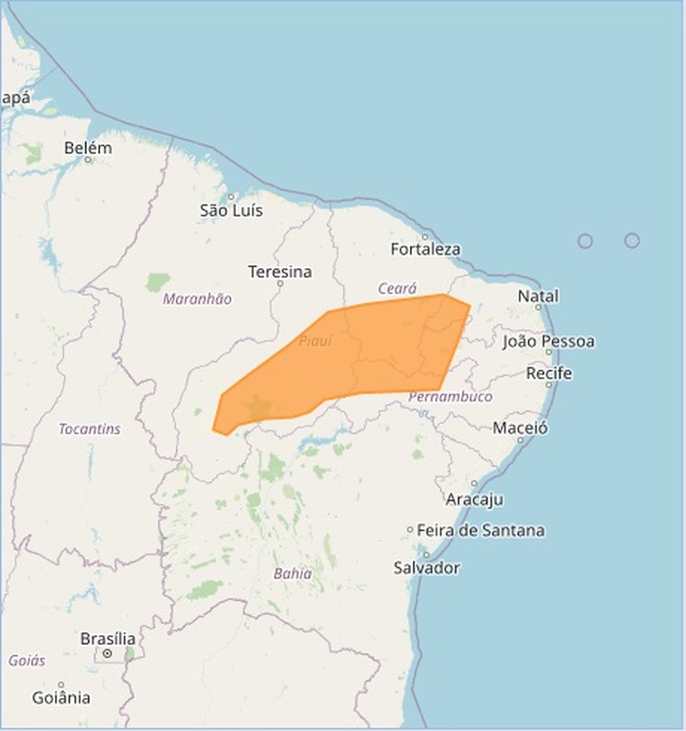 Faixa laranja cobre municípios sob alerta de baixa umidade do Inmet; 66 municípios são da Paraíba — Foto: Reprodução/Inmet