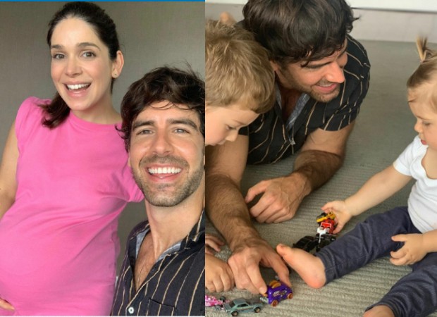 Marcos Pitombo com Sabrina Petraglia grávida e com os filhos da atriz  (Foto: Reprodução / Instagram )