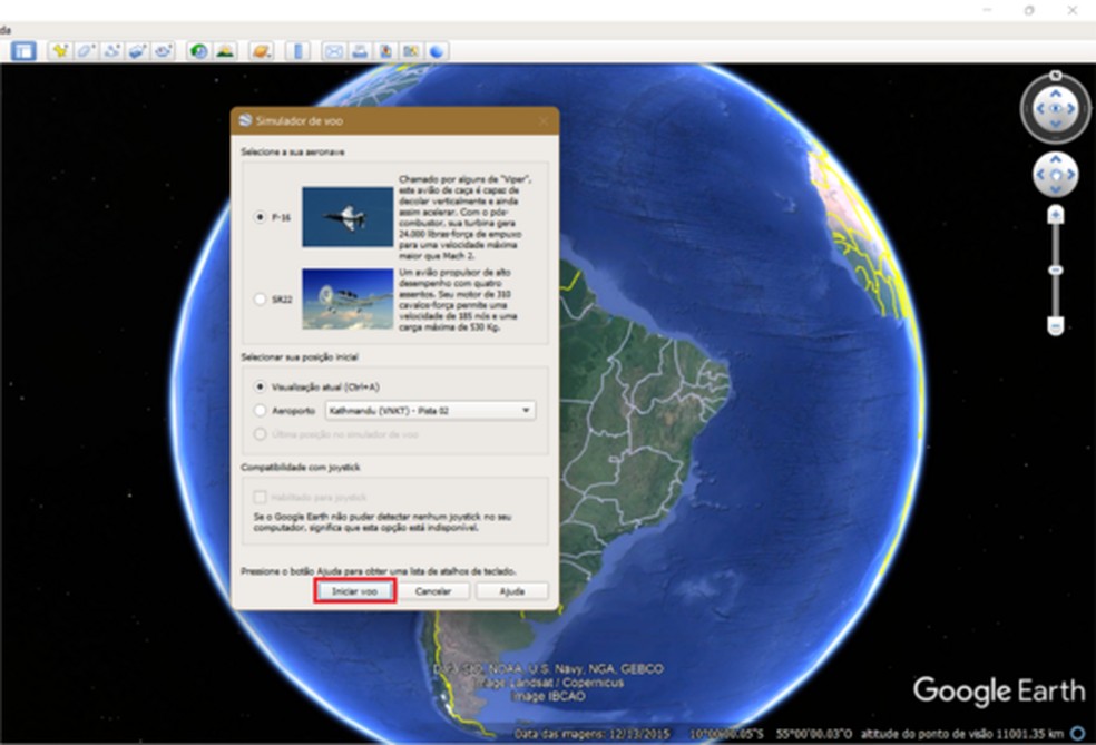 Tela de configuração do simulador de voo do Google Earth — Foto: Reprodução/Caroline Silvestre