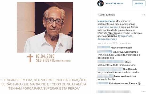 Cantor Leonardo também lamentou a morte do pai de Marrone em uma rede social, Goiás (Foto: Reprodução/Instagram)