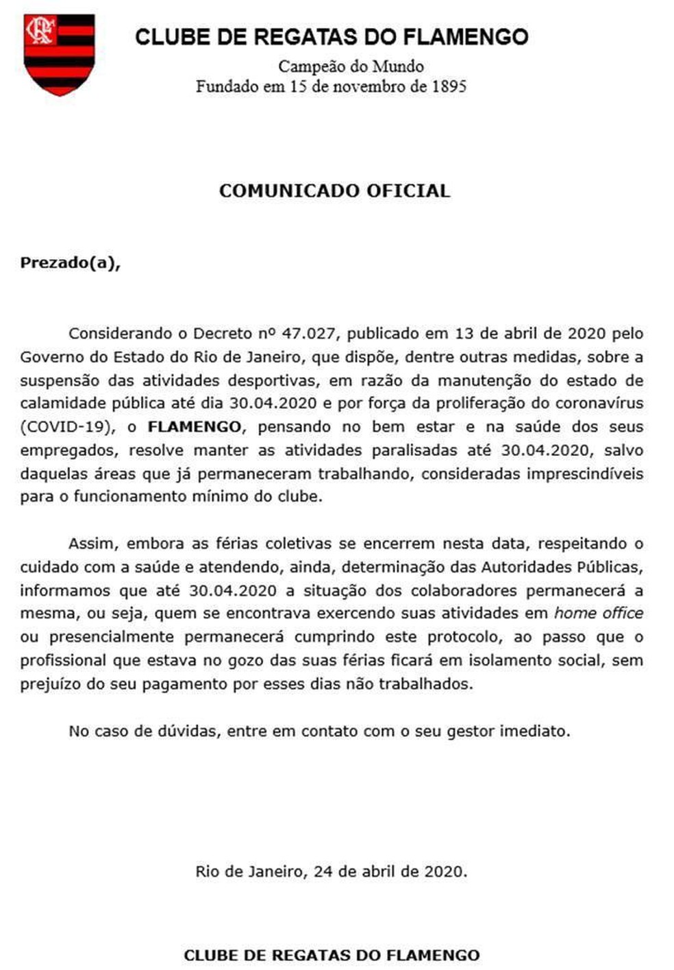 Comunicado do Flamengo aos funcionários — Foto: GloboEsporte.com
