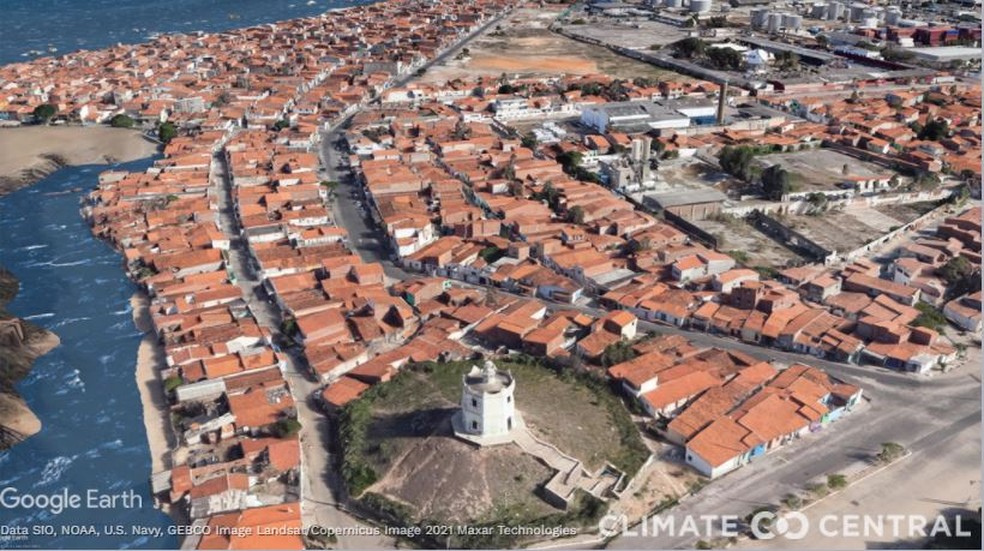 Fortaleza, região do Farol do Mucuripe: projeção com aumento de 1,5°C n — Foto: Climate Central/Divulgação