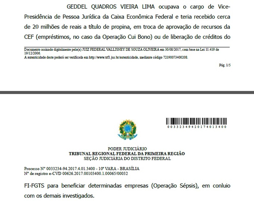 Trecho da decisão que autorizou a PF a fazer busca e apreensão em endereço atribuído a Geddel Vieira Lima (Foto: Reprodução)