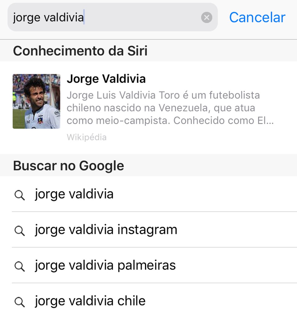 Busca no Google por Valdivia sugere Palmeiras como complemento — Foto: Reprodução