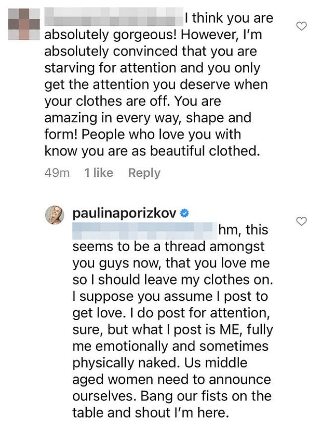 O comentário do hater e a resposta de Paulina Poriskova (Foto: Reprodução/Instagram)
