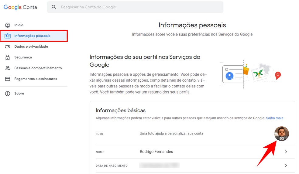 Ação para colocar foto no Google Meet dentro das configurações da Conta Google — Foto: Reprodução/Rodrigo Fernandes