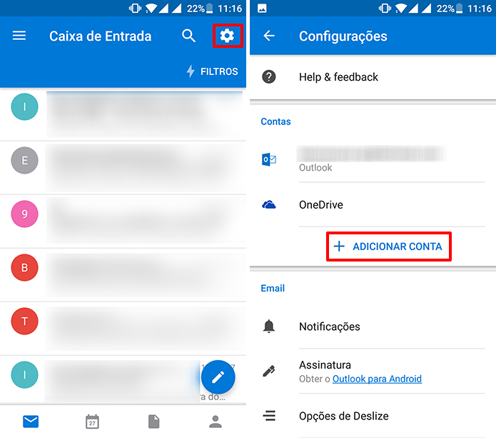 Acesse as configurações do Outlook para Android para adicionar conta do Gmail (Foto: Reprodução/Elson de Souza)