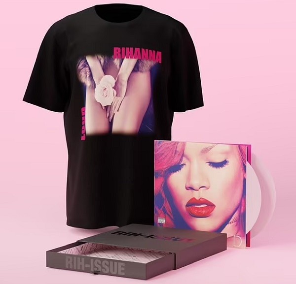 Uma das novas camisetas da coleção de Rihanna ao lado da reedição de seu álbum em vinil (Foto: Instagram)