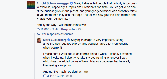 Schwarzenegger se interessou pelos hábitos saudáveis do criador do Facebook (Foto: Reprodução/Paulo Alves)