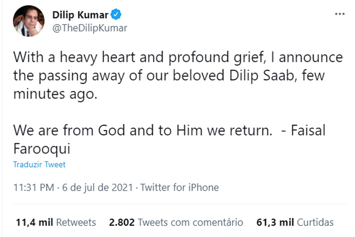 Amigo anuncia morte do ator Dilip Kumar (Foto: Reprodução/Twitter)