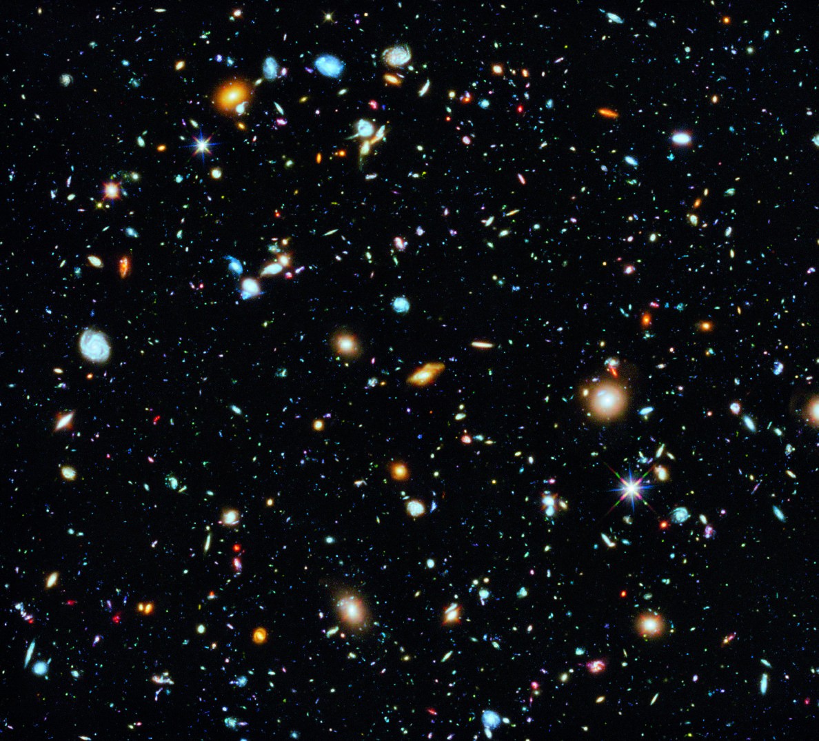 Esta imagem é o resultado de 841 órbitas do tempo de visualização do telescópio e contém aproximadamente 10.000 galáxias. (Foto: ESA/Hubble)