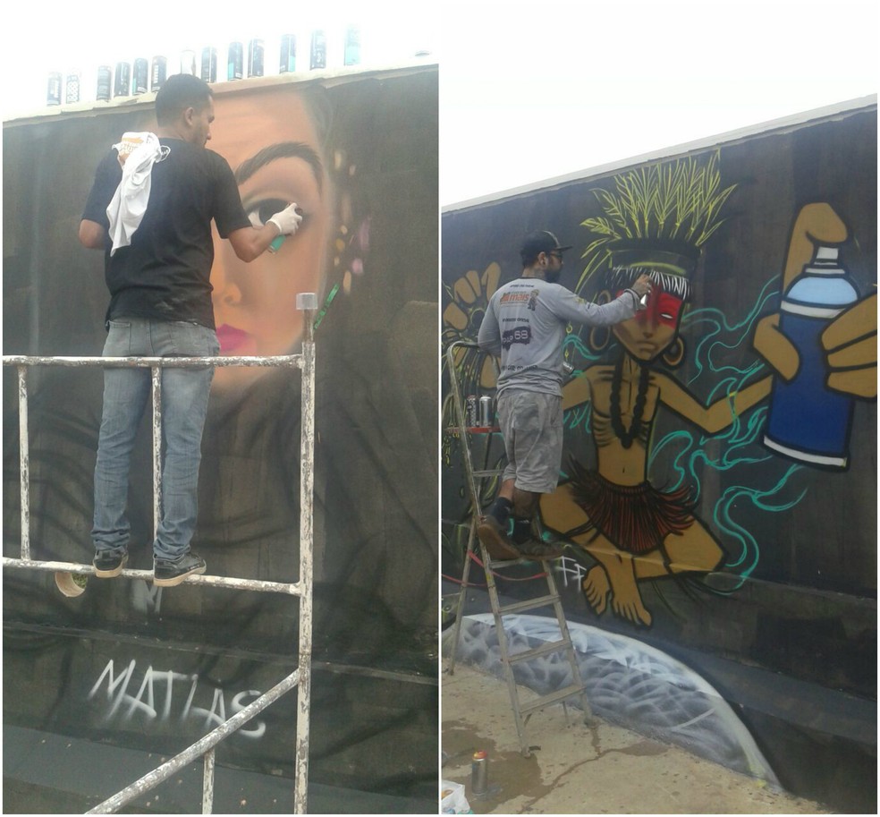 Grafiteiros estão refazendo pintura no muro da Escola Glória Perez, em Rio Branco (Foto: Arquivo Pessoal)